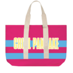 Sac de plage coloré, rouge et bleu, avec logo Cruel Pancake jaune